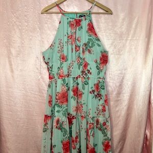 Long Teal Dress With Pink Floral Pattern